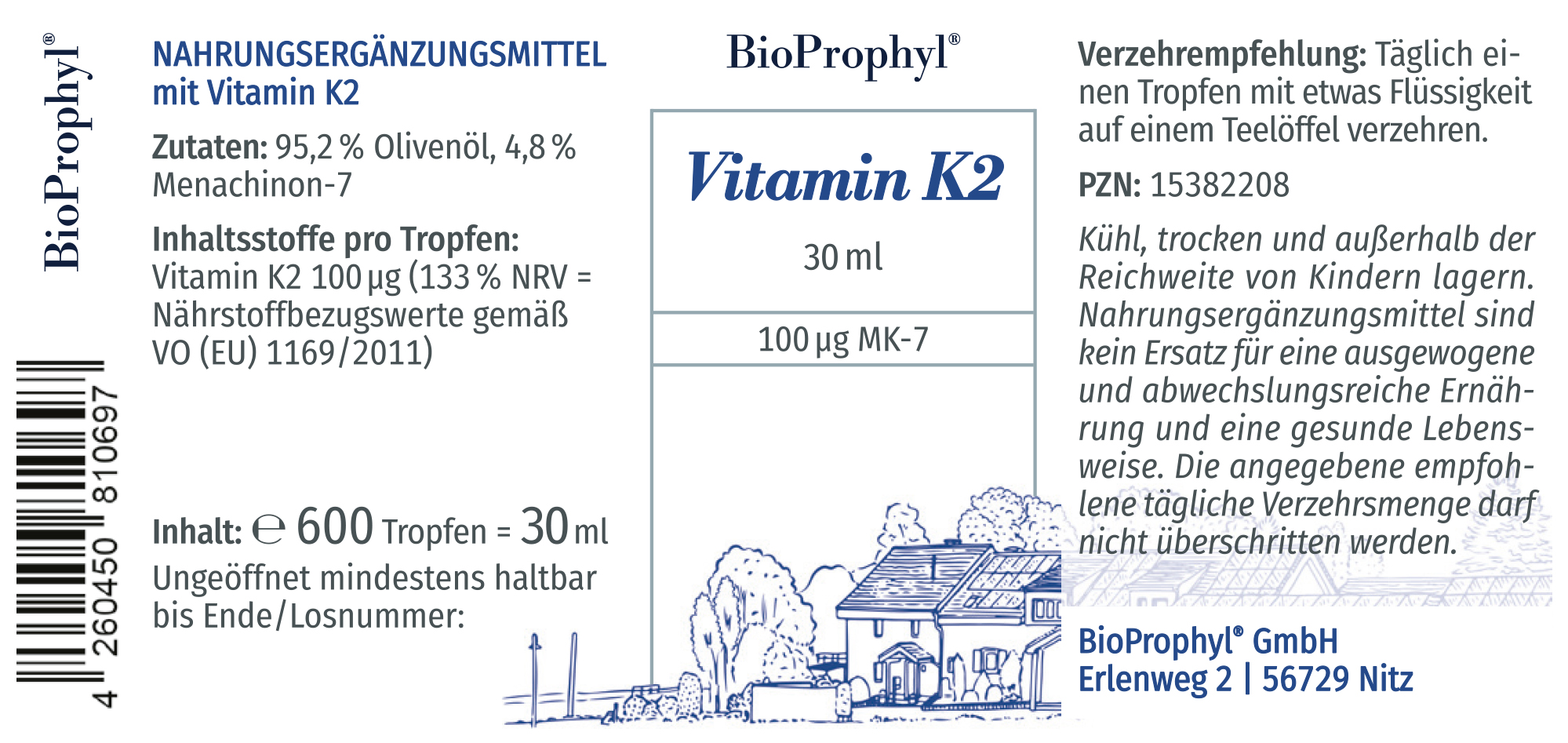 Produktetikett von Vitamin K2 Tropfen