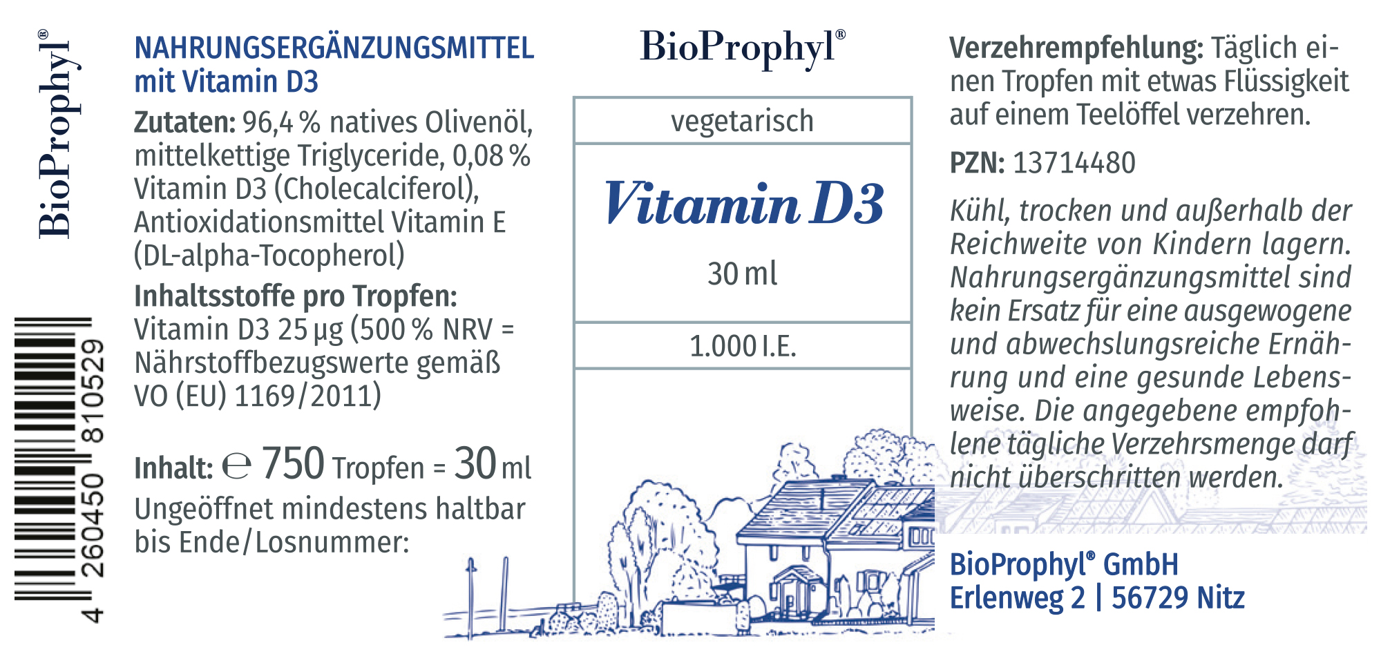 Produktetikett von Vitamin D3 Tropfen